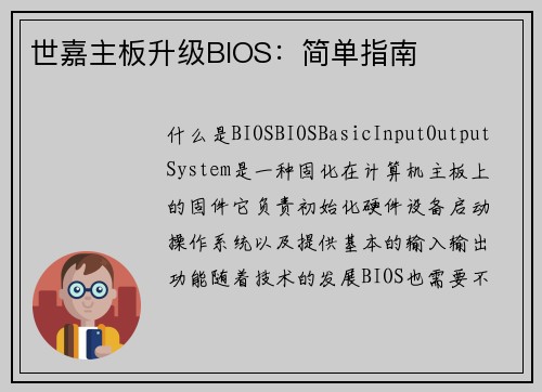 世嘉主板升级BIOS：简单指南